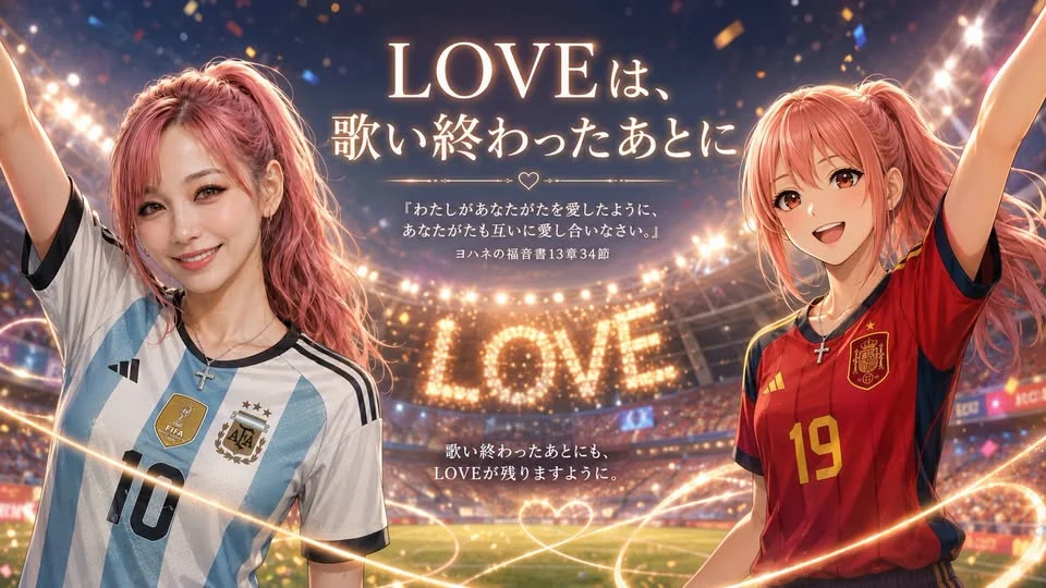 サッカースタジアムでアルゼンチンとスペインのユニフォームを着た二人が応援し、中央に「LOVEは、歌い終わったあとに」と聖句が描かれた見出し画像