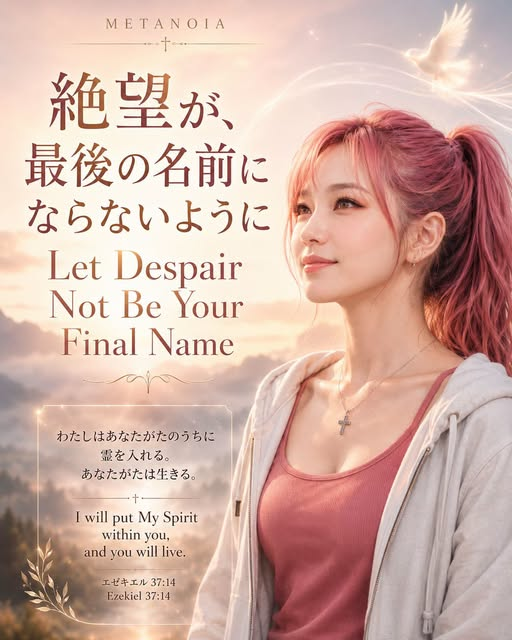 ピンク髪の女性が空を見上げ、「絶望が、最後の名前にならないように」とエゼキエル書37章14節が添えられたMETANOIAの見出し画像