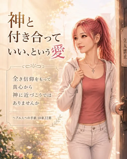 朝の光が差し込む扉の前で、ピンク髪の女性が十字架のネックレスを身につけて立つ見出し画像。「神と付き合っていい、という愛」とヘブル人への手紙10章22節の言葉が記されている。