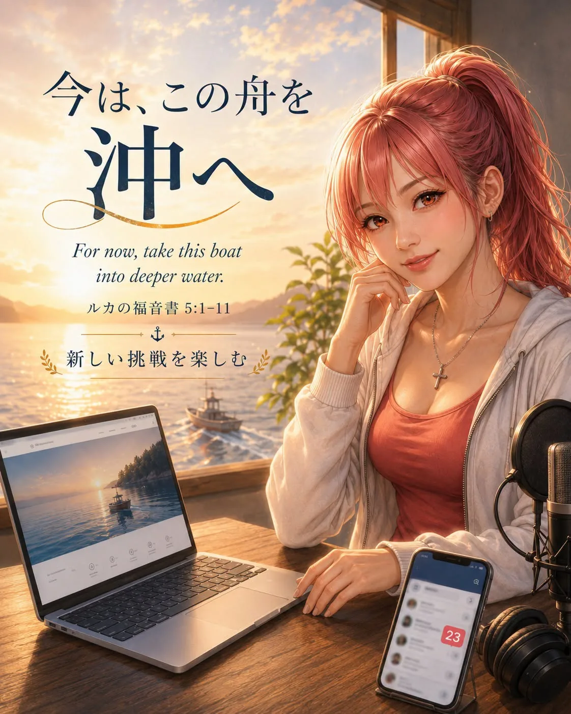 「今は、この舟を沖へ」とルカの福音書5:1-11の聖句が書かれた、ノートPCとマイクの前に座るピンク髪の女性の見出し画像