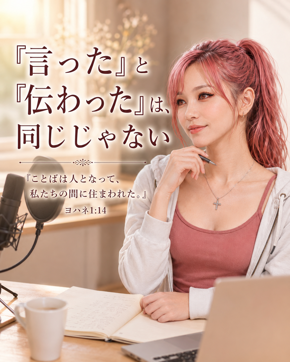 マイクとノートパソコンのある机で考えるピンク髪の女性。「言った」と「伝わった」は同じじゃない、ヨハネ1:14と書かれている。