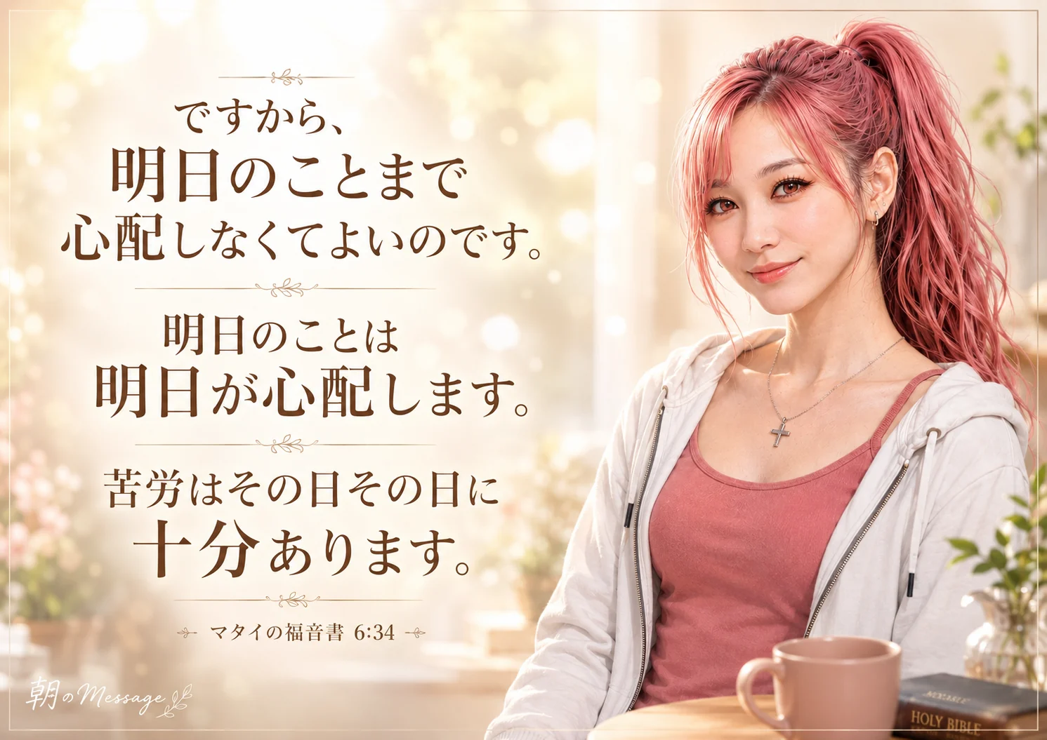 やわらかな朝の光の中、ピンク髪の女性が白いパーカー姿で座り、マタイの福音書6章34節の御言葉が大きく配置された朝のメッセージ見出し画像。