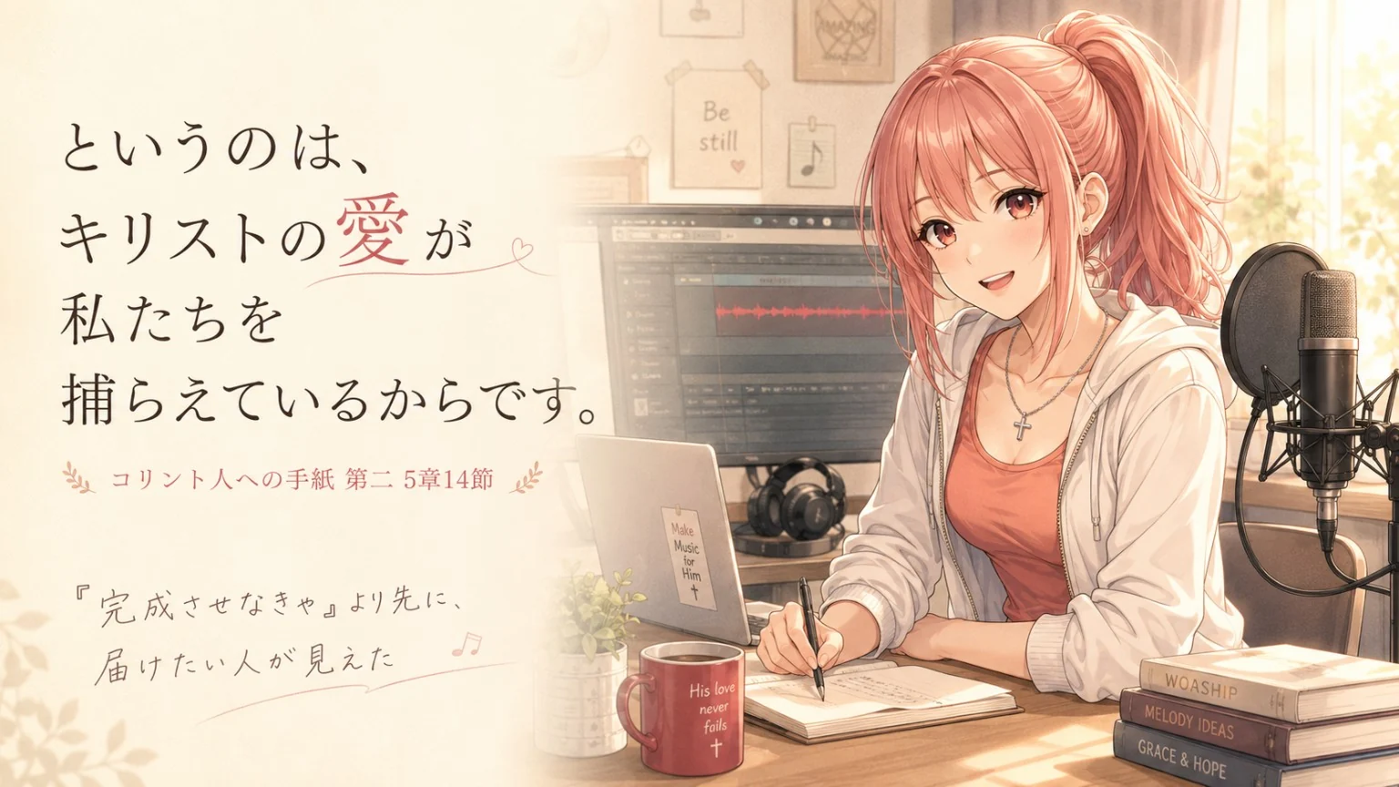音楽制作机でノートに書くピンク髪の女性と、「というのは、キリストの愛が私たちを捕らえているからです。」というコリント人への手紙 第二5章14節の言葉を描いた見出し画像。