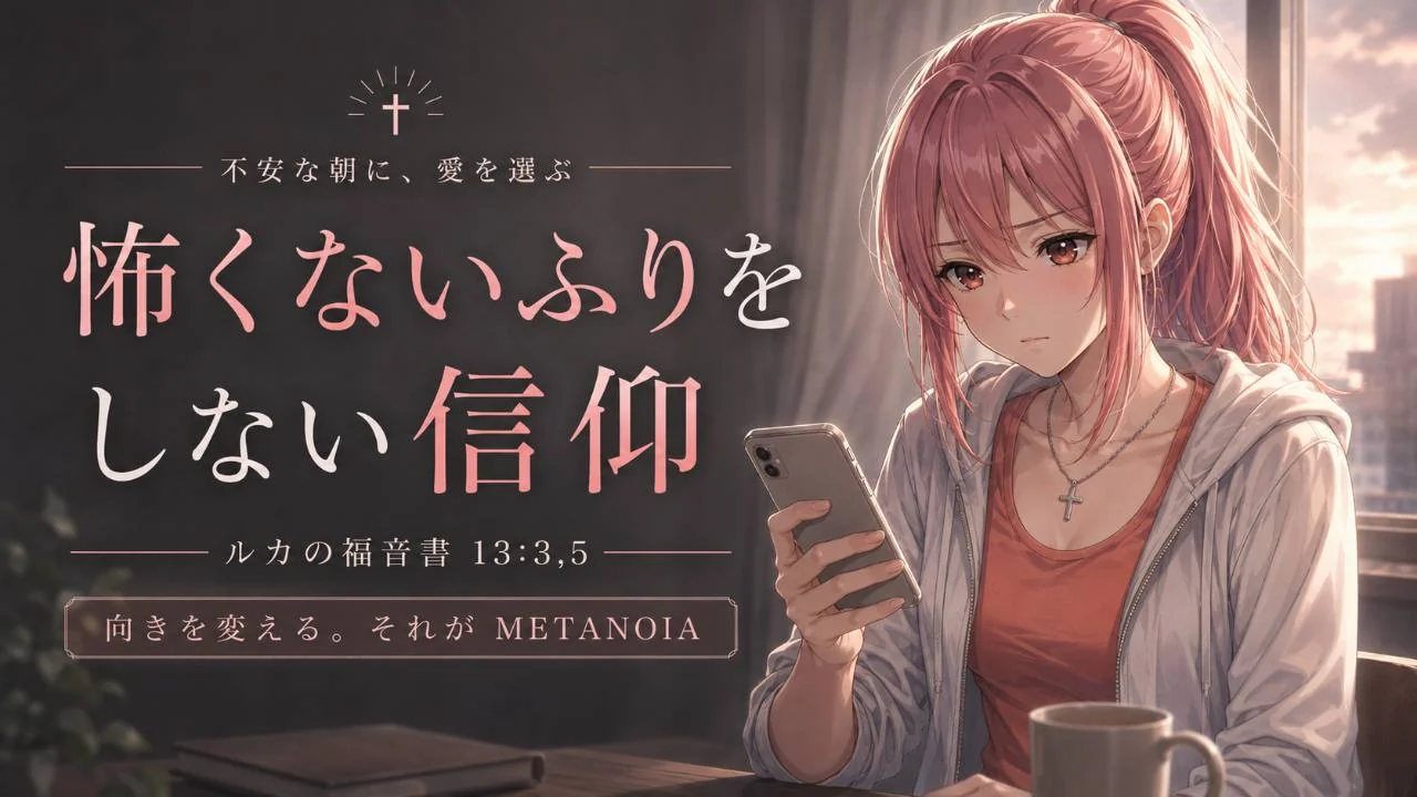 スマートフォンを見つめるピンク髪の女性と、「怖くないふりをしない信仰」「ルカの福音書13:3,5」「向きを変える。それがMETANOIA」の文字