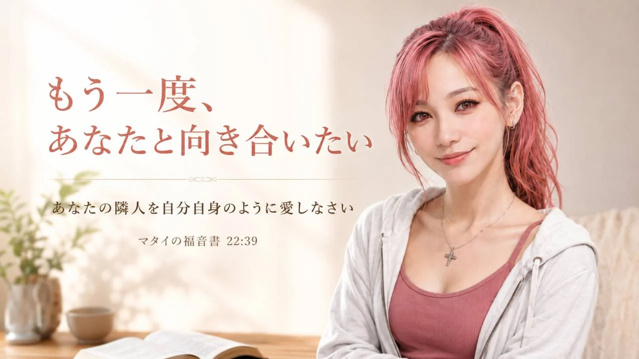 明るい部屋で微笑むピンク髪の女性と、「もう一度、あなたと向き合いたい」「あなたの隣人を自分自身のように愛しなさい」「マタイの福音書22:39」の文字