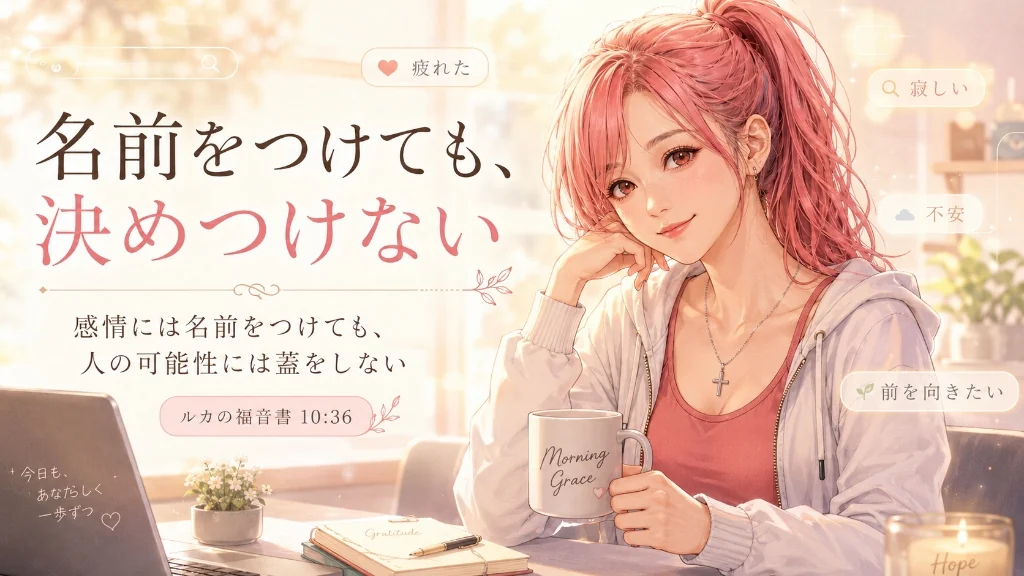 カフェでマグカップを持ち微笑むピンク髪の女性と、「名前をつけても、決めつけない」「感情には名前をつけても、人の可能性には蓋をしない」「ルカの福音書 10:36」のタイトル・カード
