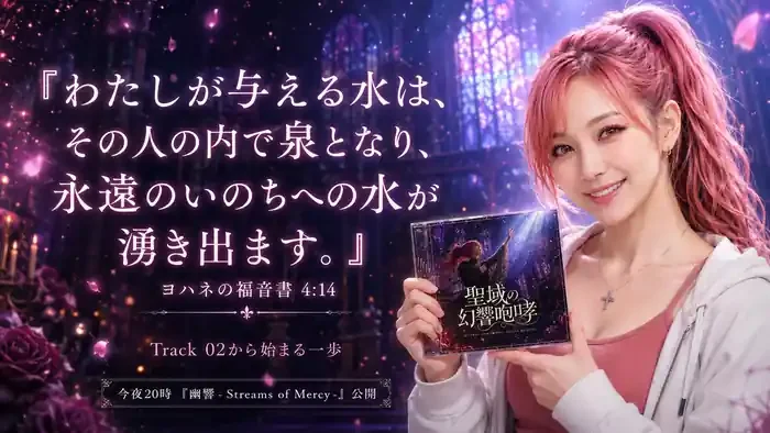 ゴシックな聖堂を背景に、ピンク髪のはらぺこ僧侶がアルバム『聖域の幻響咆哮』を持ち、ヨハネの福音書4章14節と「Track 02から始まる一歩」が記された見出し画像