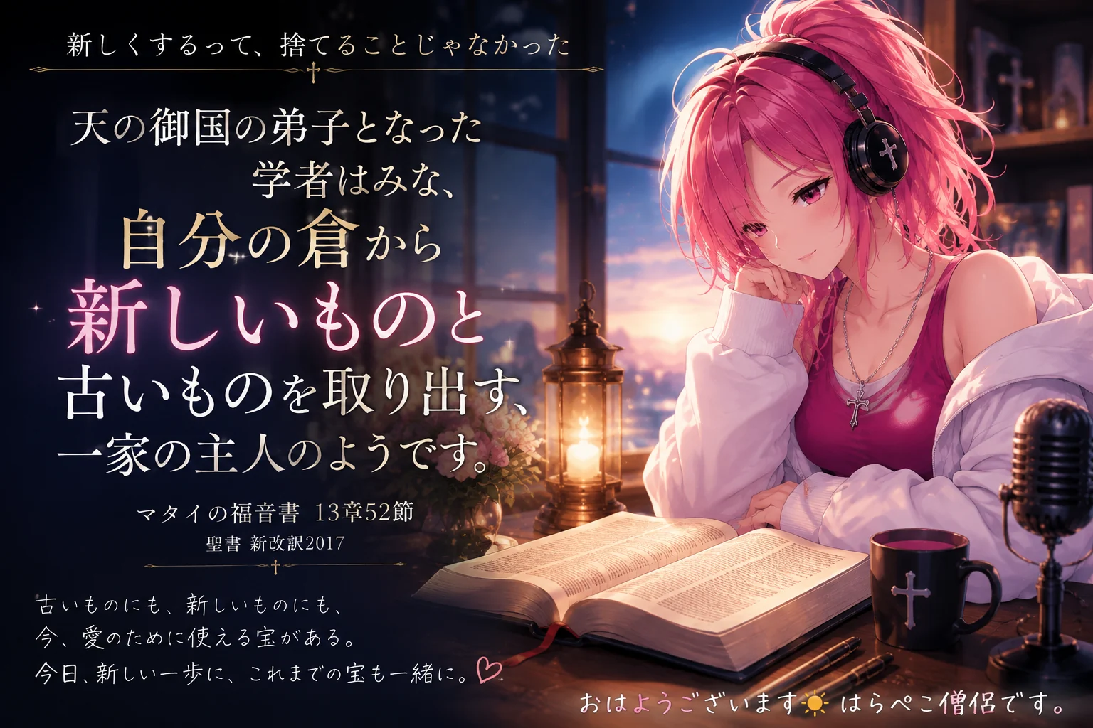 朝焼けの書斎で聖書を開くピンク髪のはらぺこ僧侶と、「新しくするって、捨てることじゃなかった」、マタイの福音書13章52節の御言葉が記された見出し画像