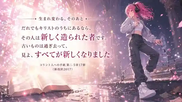 光が差す礼拝堂で壊れた鎖を手放して一歩を踏み出すピンク髪のはらぺこ僧侶と、コリント人への手紙 第二5章17節の御言葉が描かれた見出し画像