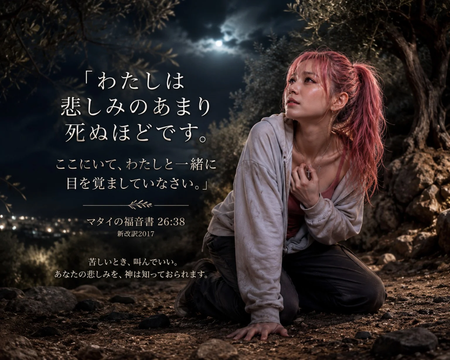 月明かりの下で悲しみながら祈るピンク髪の女性と、マタイの福音書26章38節の御言葉を描いた見出し画像
