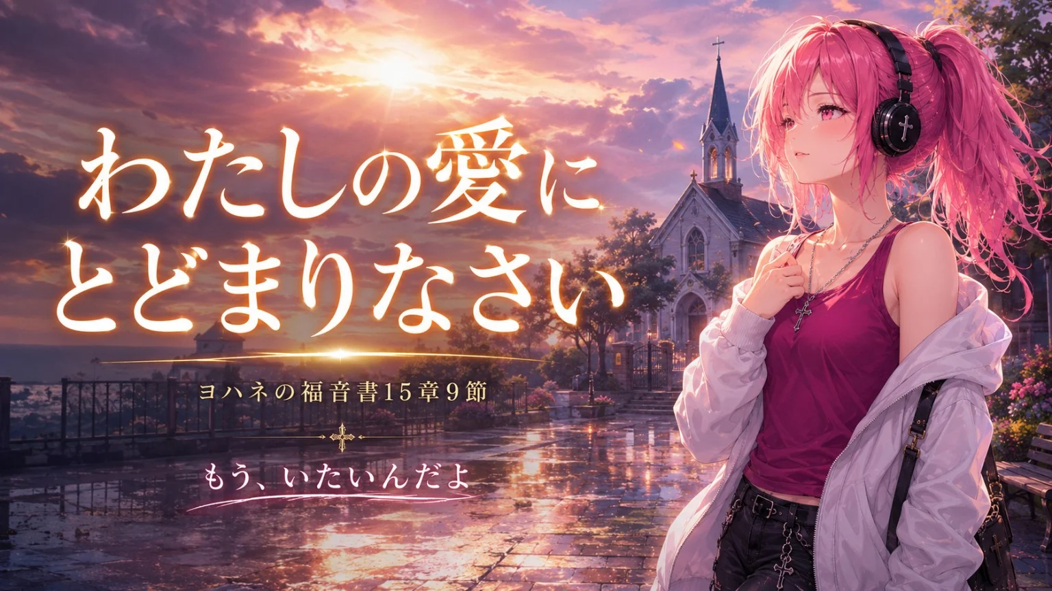 台風が去った朝の光と教会を背景に、ピンク髪のはらぺこ僧侶と「わたしの愛にとどまりなさい」というヨハネの福音書15章9節の御言葉を描いた見出し画像