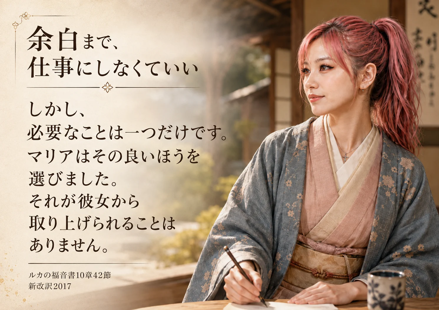 「余白まで、仕事にしなくていい」という言葉とルカの福音書10章42節を添えた、和装の女性が静かに座る朝のイメージ