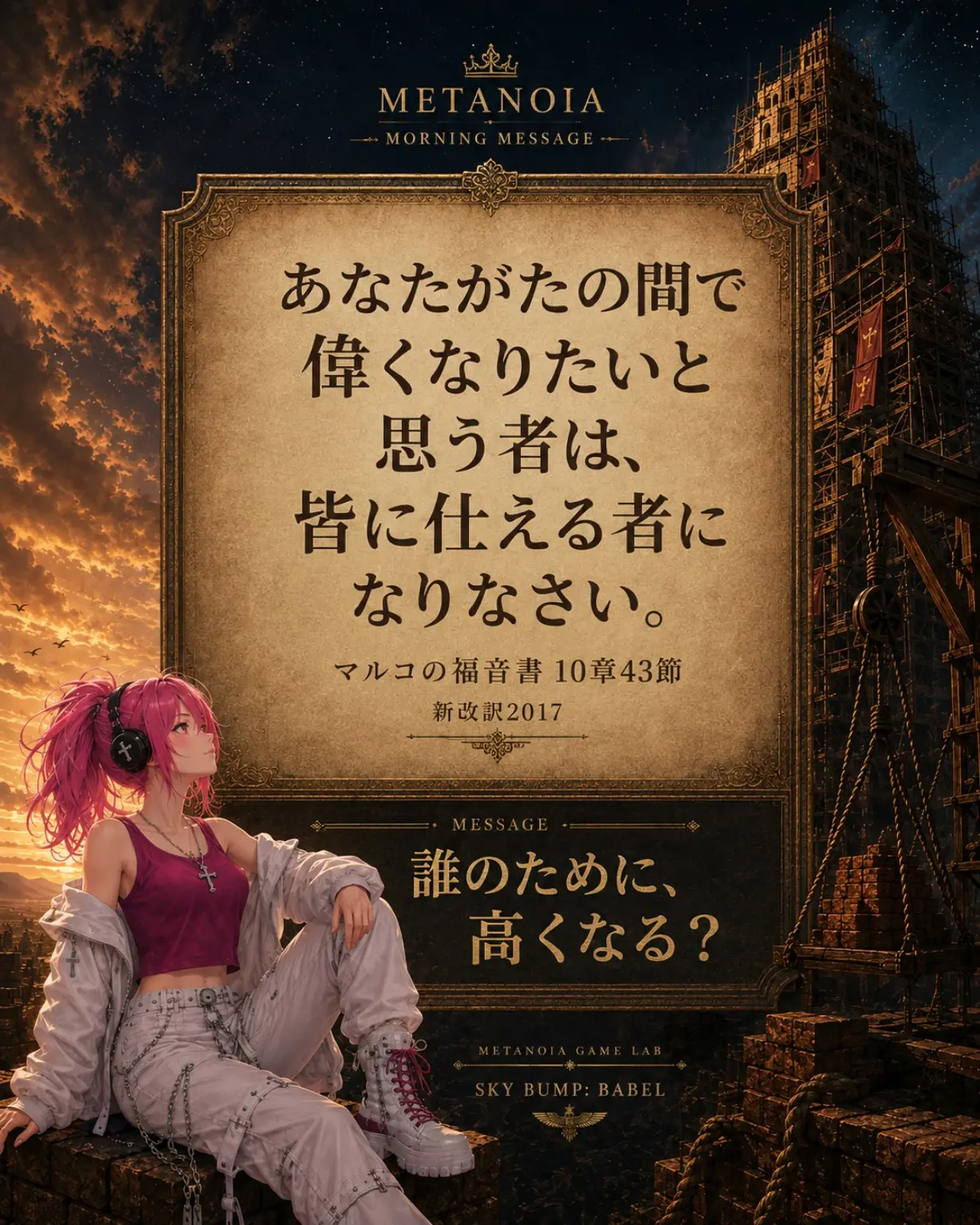 未完成のバベルの塔とピンク髪の女性、マルコの福音書10章43節の御言葉を描いた見出し画像