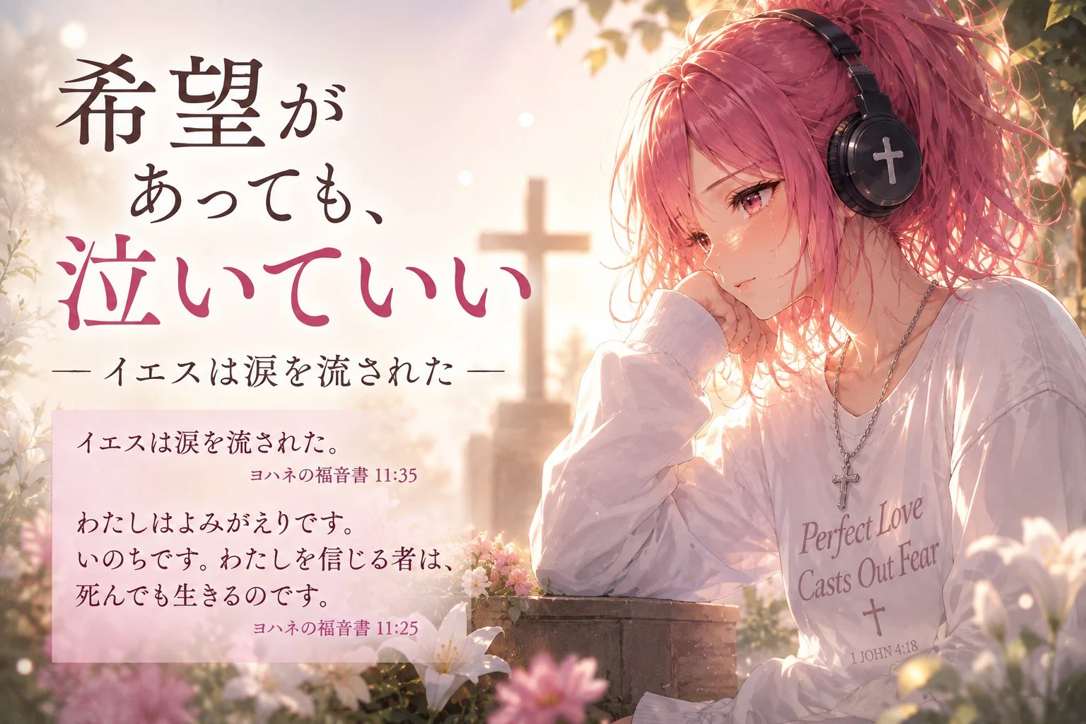 朝の光の中、涙を浮かべるピンクのポニーテールのはらぺこ僧侶と、「希望があっても、泣いていい」「イエスは涙を流された。」の言葉を描いた見出し画像