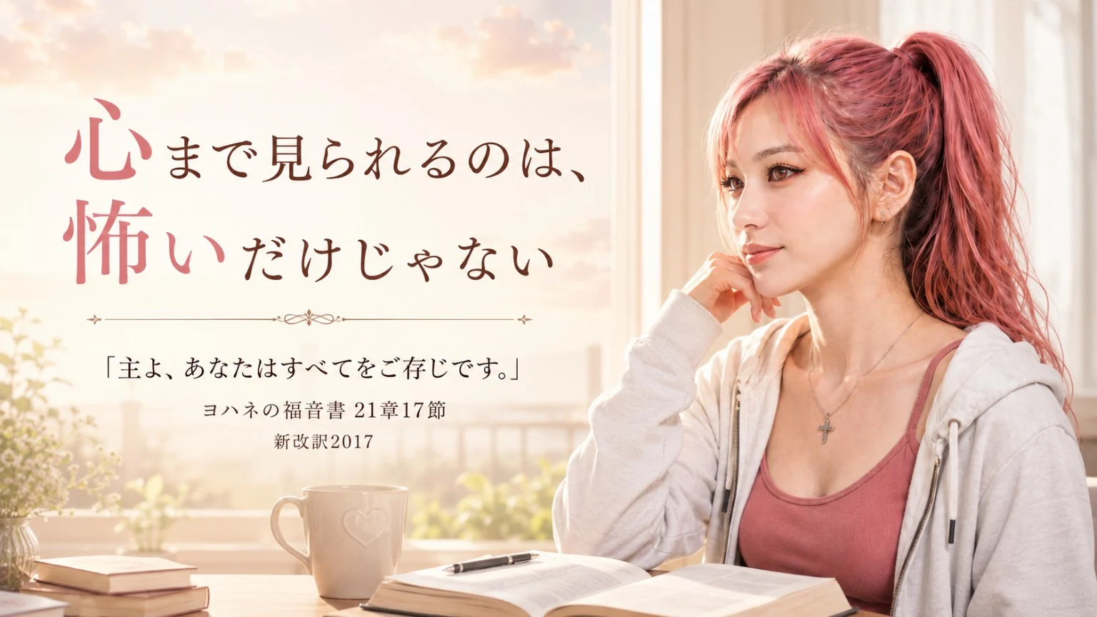 朝の柔らかな光が差し込む窓辺で、聖書を前に座るピンク髪の女性。「心まで見られるのは、怖いだけじゃない」とヨハネの福音書21章17節の言葉が添えられた画像。