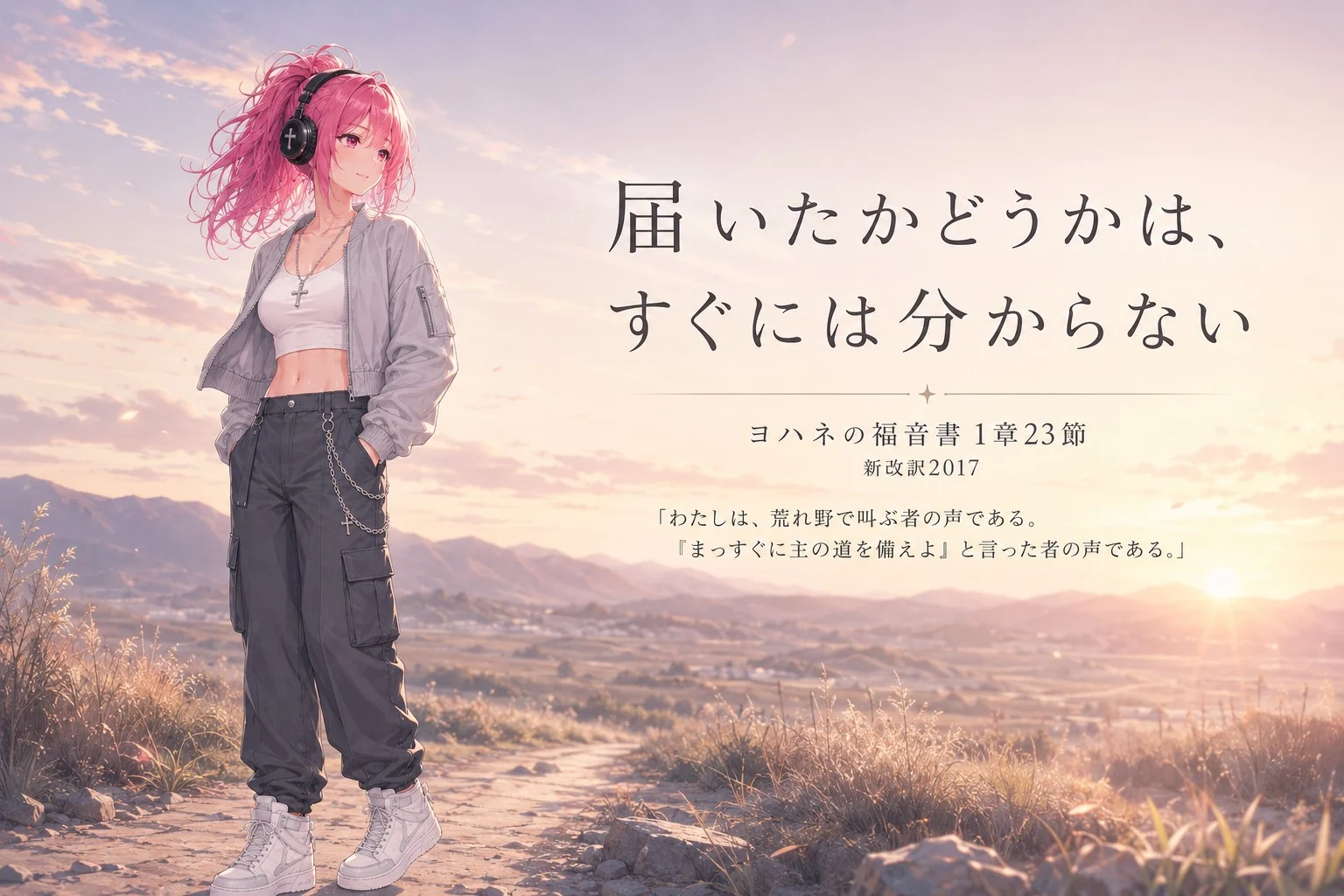 朝焼けの荒野を背景に立つ人物と「届いたかどうかは、すぐには分からない」「ヨハネの福音書 1章23節 新改訳2017」の文字が描かれた画像