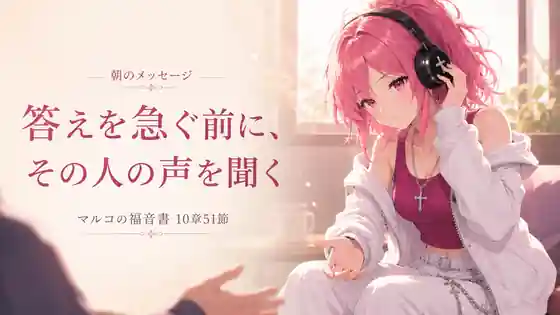 朝の光の中、話し相手に手を差し出しながら耳を傾けるピンク髪のはらぺこ僧侶と『答えを急ぐ前に、その人の声を聞く』の文字を描いた見出し画像
