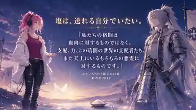 夜明けの空の下、ピンク髪のはらぺこ僧侶と上杉謙信をイメージした武将が御言葉を見つめ、中央にエペソ人への手紙6章12節と『塩は、送れる自分でいたい。』、手前に塩の器と白い鳩を描いた見出し画像