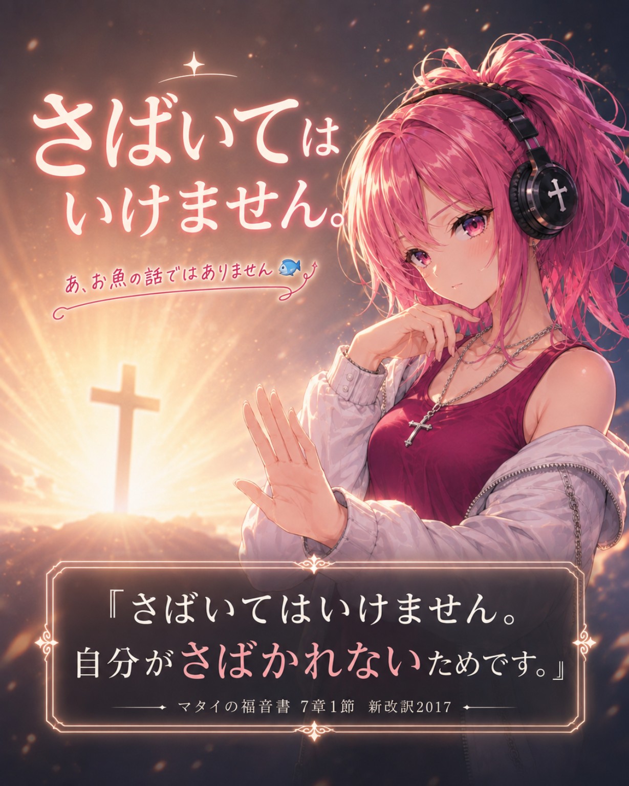 「さばいてはいけません。自分がさばかれないためです。」マタイの福音書7章1節を描いた朝のメッセージ画像