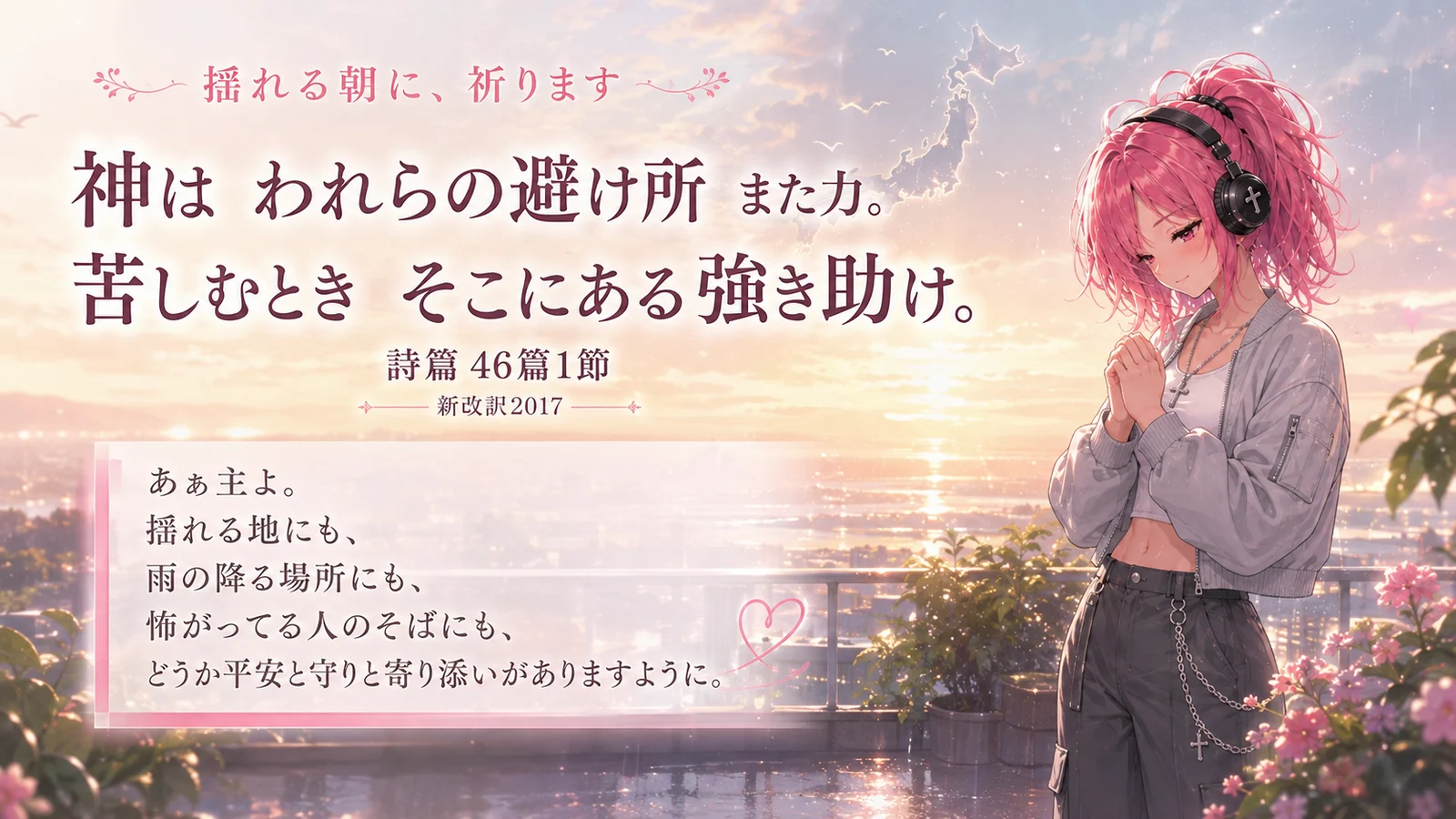 朝焼けと雨上がりの光の中で祈るピンク髪のはらぺこ僧侶と、詩篇46篇1節『神は われらの避け所 また力。苦しむとき そこにある強き助け。』、地震や台風の中にいる人々への祈りを描いた見出し画像