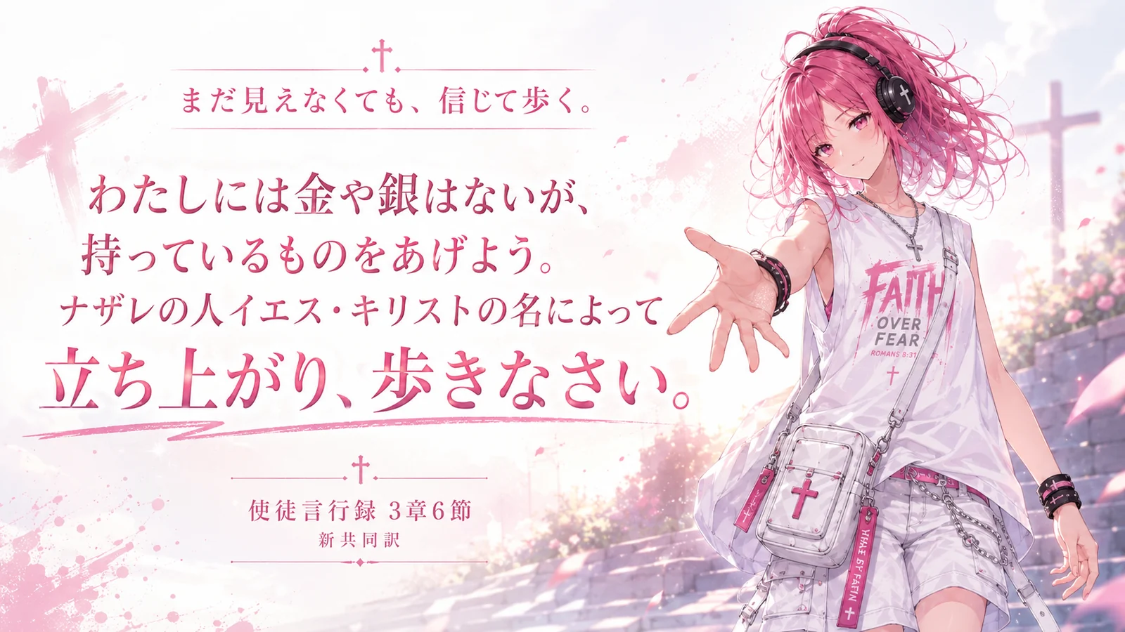 朝の光の中で手を差し出すピンク髪のはらぺこ僧侶と、使徒言行録3章6節『立ち上がり、歩きなさい。』を主役にした見出し画像