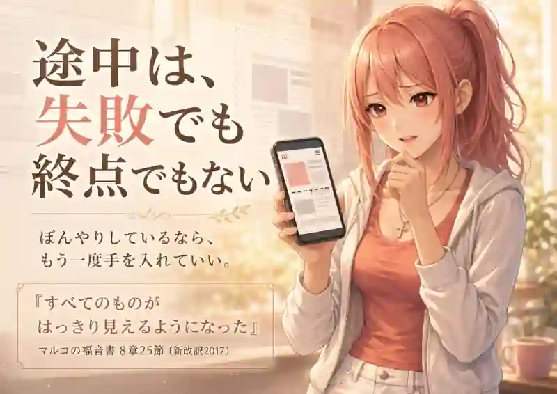 途中は失敗でも終点でもないというタイトルと、スマートフォンでサイトを確認するピンク髪の女性、マルコの福音書8章25節を描いた見出し画像